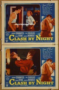 e095 CLASH BY NIGHT 2 vintage movie lobby cards '52 Barbara Stanwyck