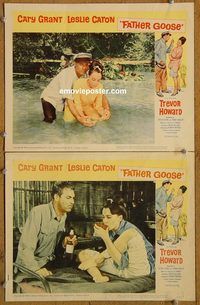 e117 FATHER GOOSE 2 vintage movie lobby cards '65 Cary Grant, Leslie Caron