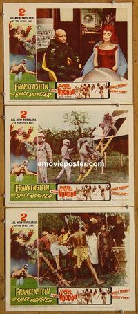 e303 FRANKENSTEIN MEETS SPACE MONSTER/CURSE OF VOODOO 3 lobby cards '65