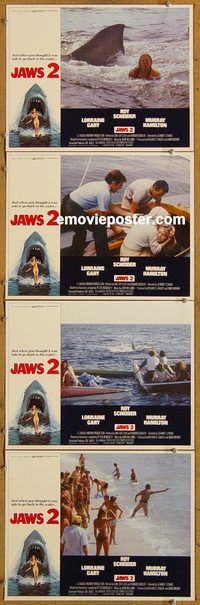 e455 JAWS 2 4 vintage movie lobby cards '78 Roy Scheider, man-eating shark!