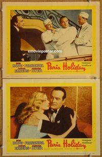 e190 PARIS HOLIDAY 2 vintage movie lobby cards '58 Bob Hope, Anita Ekberg