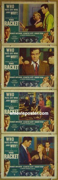 e483 RACKET 4 vintage movie lobby cards '51 Mitchum, Scott, Ryan