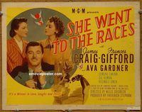 d988 SHE WENT TO THE RACES vintage movie title lobby card '45 horse betting!