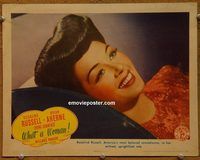 d749 WHAT A WOMAN vintage movie lobby card '43 Rosalind Russell close up!