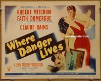 e058 WHERE DANGER LIVES vintage movie title lobby card '50 Mitchum, Domergue