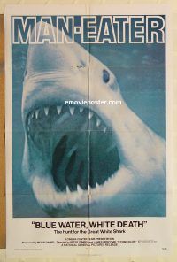g166 BLUE WATER, WHITE DEATH one-sheet movie poster '71 cool shark image!