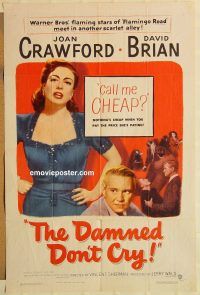 g310 DAMNED DON'T CRY one-sheet movie poster '50 Joan Crawford, film noir!