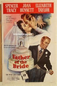g425 FATHER OF THE BRIDE one-sheet movie poster '50 Liz Taylor, Tracy