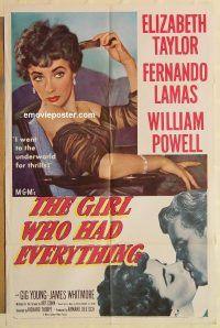 g498 GIRL WHO HAD EVERYTHING one-sheet movie poster '53 Elizabeth Taylor