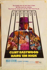 g537 HANG 'EM HIGH one-sheet movie poster '68 Clint Eastwood classic!