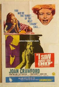 g609 I SAW WHAT YOU DID one-sheet movie poster '65 Joan Crawford, Ireland