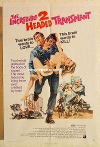 g620 INCREDIBLE TWO HEADED TRANSPLANT one-sheet movie poster '71 wacky!