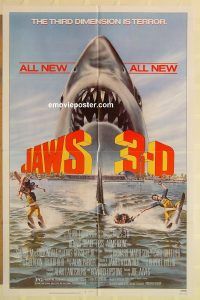 g644 JAWS 3-D one-sheet movie poster '83 Great White Shark horror!