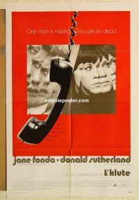 g675 KLUTE rare alternate style 1sh '71 Donald Sutherland & Jane Fonda, dangling telephone art!