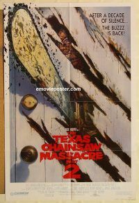 h160 TEXAS CHAINSAW MASSACRE 2 door style 1sh '86 Tobe Hooper horror sequel, cool Huston art!