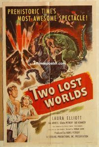 h209 TWO LOST WORLDS one-sheet movie poster '50 Norman Dawn, dinosaurs!