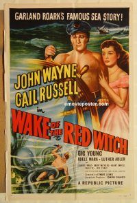 h245 WAKE OF THE RED WITCH 1sh R52 art of barechested John Wayne & Gail Russell at ship's wheel!