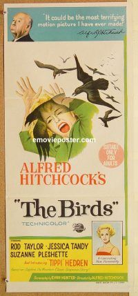 k491 BIRDS Australian daybill movie poster '63 Alfred Hitchcock, Rod Taylor