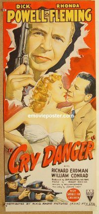 k540 CRY DANGER Australian daybill movie poster '51 Dick Powell, film noir!
