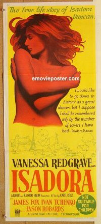 k662 LOVES OF ISADORA Australian daybill movie poster '69 Vanessa Redgrave