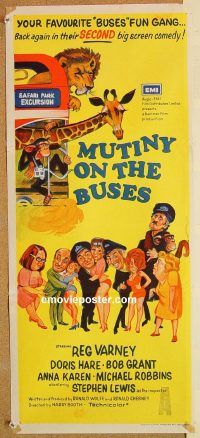 k694 MUTINY ON THE BUSES Australian daybill movie poster '72 English!