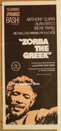 k844 ZORBA THE GREEK Australian daybill '67 directed by Michael Cacoyannis, Anthony Quinn close-up!