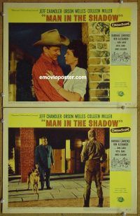 k201 MAN IN THE SHADOW 2 movie lobby cards '58 Chandler, Orson Welles