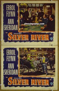 k224 SILVER RIVER 2 movie lobby cards '48 Errol Flynn plays poker!