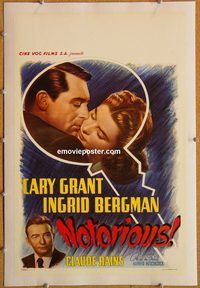 p154 NOTORIOUS linen Belgian movie poster R50s Grant, Ingrid Bergman