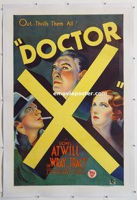 p379 DOCTOR X linen one-sheet movie poster '32 Lionel Atwill, Fay Wray