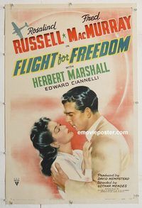 p396 FLIGHT FOR FREEDOM linen one-sheet movie poster '43 Rosalind Russell