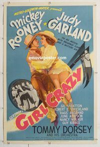 p410 GIRL CRAZY linen one-sheet movie poster '43 Rooney, Judy Garland
