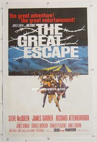 p415 GREAT ESCAPE linen one-sheet movie poster '63 Steve McQueen, Bronson