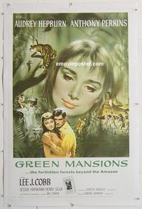 p416 GREEN MANSIONS linen one-sheet movie poster '59 Audrey Hepburn