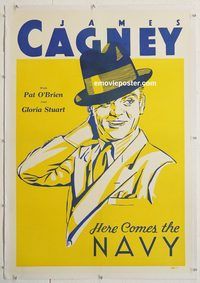 p422 HERE COMES THE NAVY linen Leader Press one-sheet movie poster '34 Cagney