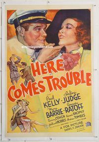 p423 HERE COMES TROUBLE linen one-sheet movie poster '36 Paul Kelly