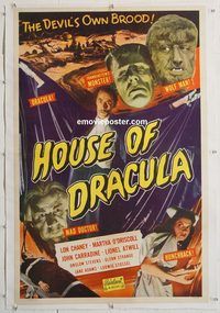p430 HOUSE OF DRACULA linen one-sheet movie poster R50 Chaney Jr, Realart!