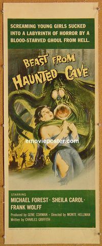p302 BEAST FROM HAUNTED CAVE linen insert movie poster '59 wild image!