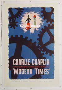 p489 MODERN TIMES linen one-sheet movie poster R60s classic Charlie Chaplin