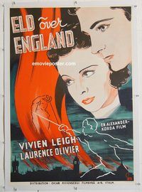 p175 FIRE OVER ENGLAND linen Swedish movie poster '37 great Aberg art!
