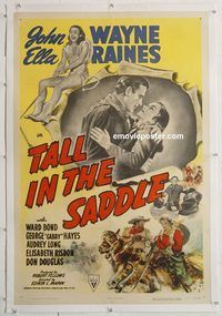p572 TALL IN THE SADDLE linen one-sheet movie poster '44 John Wayne, Raines