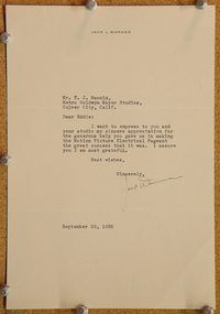 u953 JACK WARNER letter of thanks '32 on his stationery!