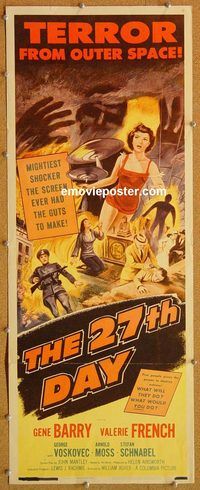 w043 27TH DAY insert movie poster '57 Gene Barry, sci-fi shocker!