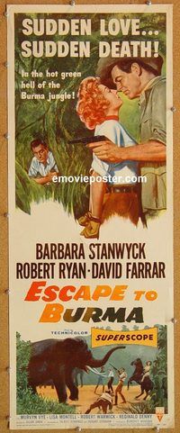 w184 ESCAPE TO BURMA insert movie poster '55 Robert Ryan, Stanwyck