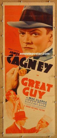 w233 GREAT GUY insert movie poster '36 great James Cagney image!