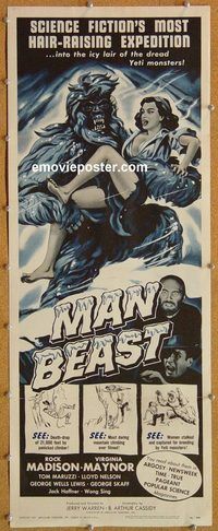 w331b MAN BEAST insert movie poster '56 horror, Yeti monsters!