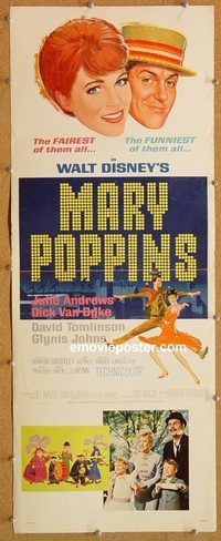 w341 MARY POPPINS insert movie poster '64 Julie Andrews, Walt Disney