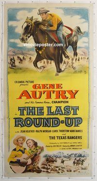 a003 LAST ROUND-UP linen three-sheet movie poster '47 Gene Autry on Champion!