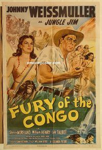 a704 FURY OF THE CONGO one-sheet movie poster '51 Weissmuller as Jungle Jim!