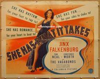 a182 SHE HAS WHAT IT TAKES half-sheet movie poster '43 Jinx Falkenburg
